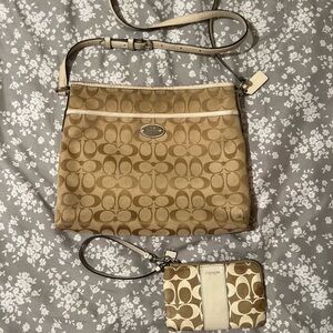 Coach Brown Signature Crossbody Bag and Wristlet Set